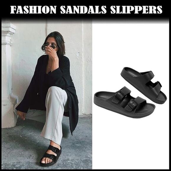 Women's Double Buckle EVA Sandals Comfortable Slip on Slide Sandal SZ 6 - Picture 3 of 4